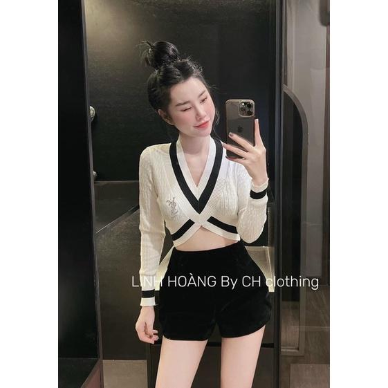 Áo len nữ dài tay dệt kim phối viền cổ tim hớt vạt sexy croptop