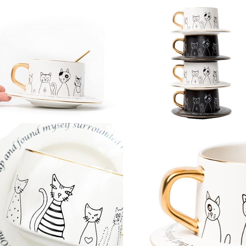 Set cốc sứ và đĩa uống cafe có kèm thìa in hình mèo 250ml