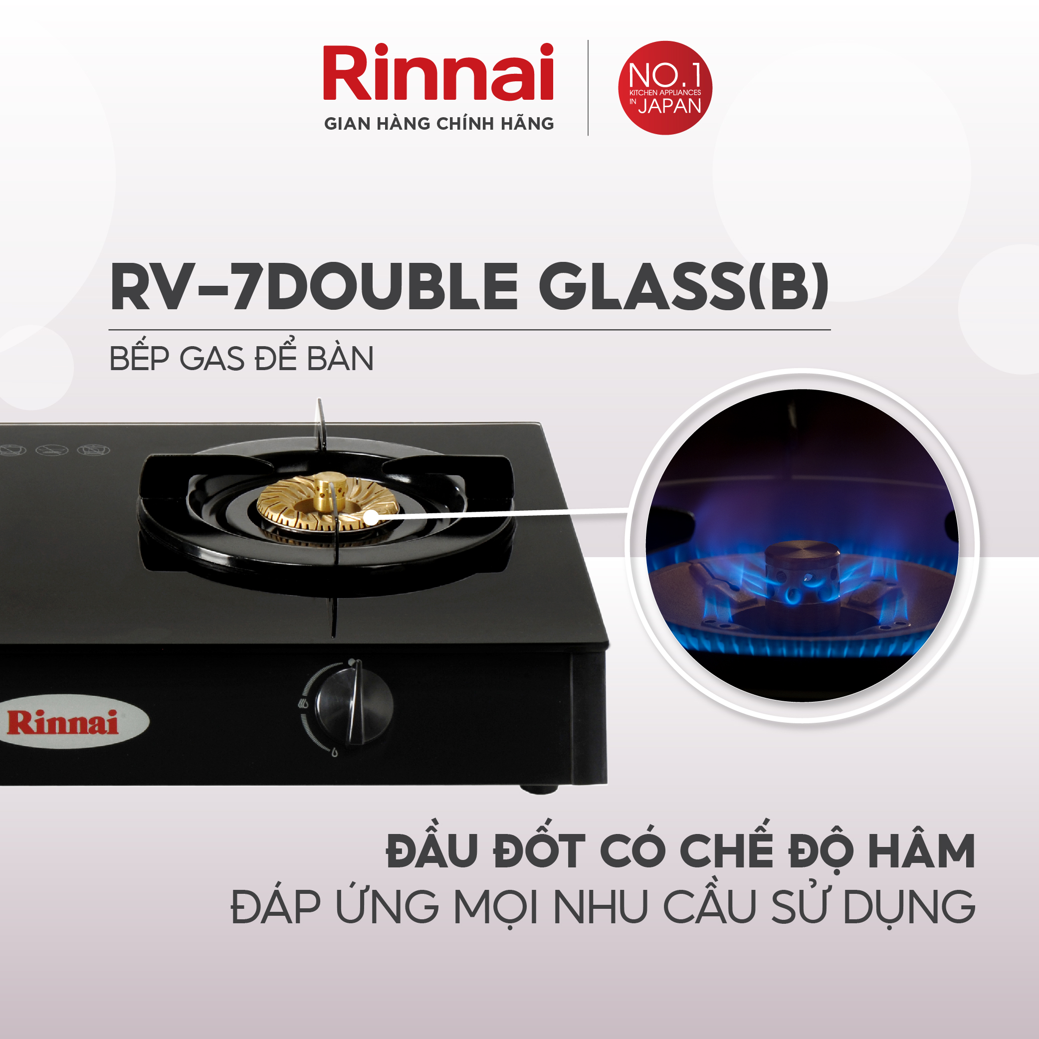 Bếp gas dương Rinnai RV-7Double Glass(B) mặt bếp kính và kiềng bếp men - Hàng chính hãng.