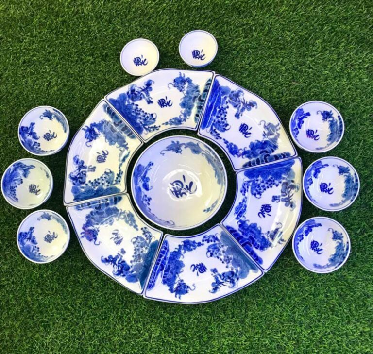 BỘ BÁT ĐĨA MẶT TRỜI CUỐN THƯ MEN LAM VẼ TAY CHỮ PHÚC 54cm.