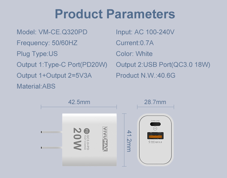 Củ sạc nhanh 20W Vivumax Q320PD tích hợp 2 cổng sạc PD và USB QC3.0 - Hàng Chính Hãng, Bảo hành chính hãng