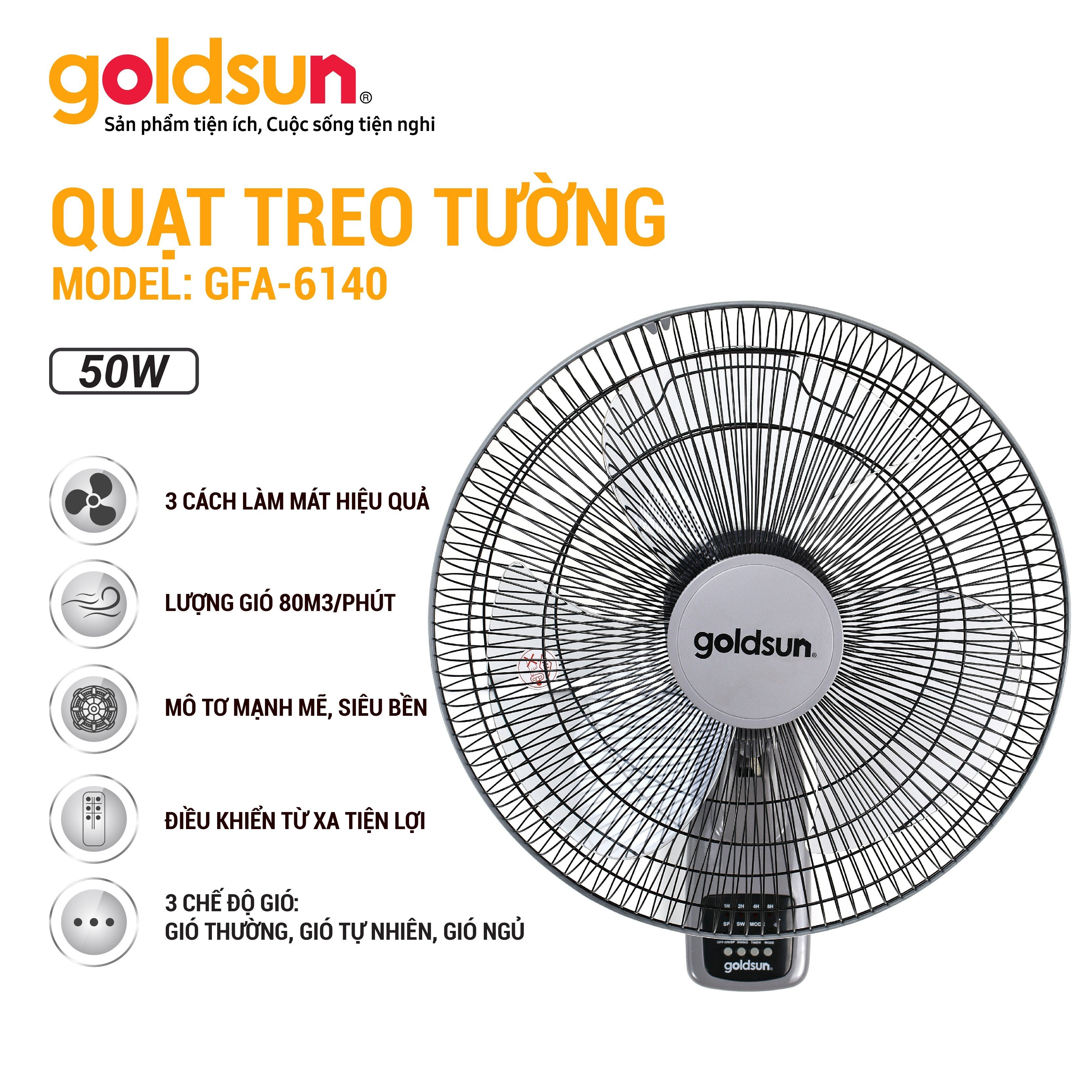 Quạt điện treo tường Goldsun có điều khiển GFA-6140 công suất 50W, 3 chế độ gió cực mát cho mùa hè - Hàng chính hãng