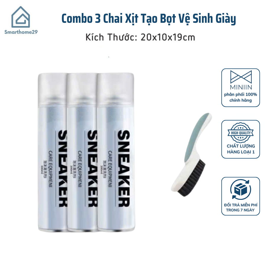 Combo 3 Chai Xịt Tạo Bọt Vệ Sinh Giày, Dép và Túi Xách, Bình Xịt Làm Sạch Trắng Giày