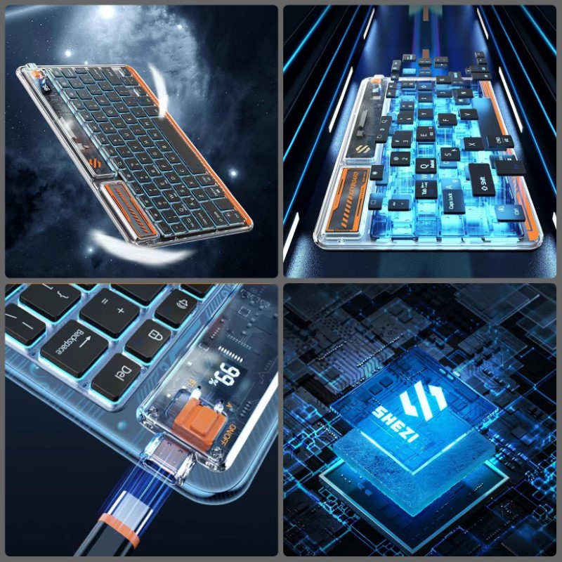 Bàn phím không dây Bluetooth mini trong suốt Shezi pin sạc led RGB chống ồn cho máy tính , điện thoại , máy tính bảng hàng nhập khẩu