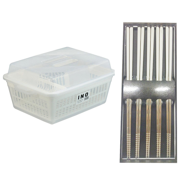 Combo Rổ úp bát đĩa có nắp + Bộ 5 đôi đũa inox đặc ruột cao cấp tặng giá để giẻ rửa bát nội địa Nhật Bản