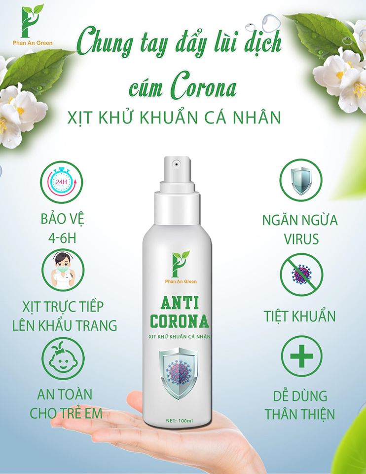 Combo 5 chai Xịt Kháng Khuẩn Cá Nhân Nước rửa tay khô Xịt rửa tay khô ANTI CORONA 100ml Xịt được lên Khẩu Trang