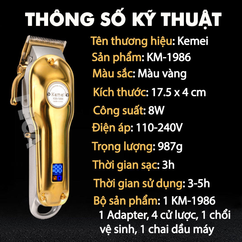 Tông đơ cắt tóc không dây chuyên nghiệp Kemei KM-1986 pin trâu màn hình hiển thị LCD dùng cắt tóc, cạo trắng tattoo tóc thích hợp sử dụng cho Barber shop, tiệm tóc ( Màu vàng )