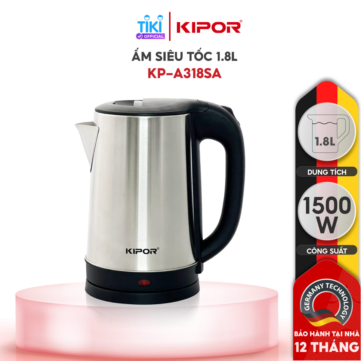 Ấm siêu tốc KIPOR KP-A318SA - 1.8L - Ấm điện inox 304 chống ăn mòn - Chân đế xoay 360 độ tự ngắt chống quá tải, quá nhiệt- Hàng chính hãng