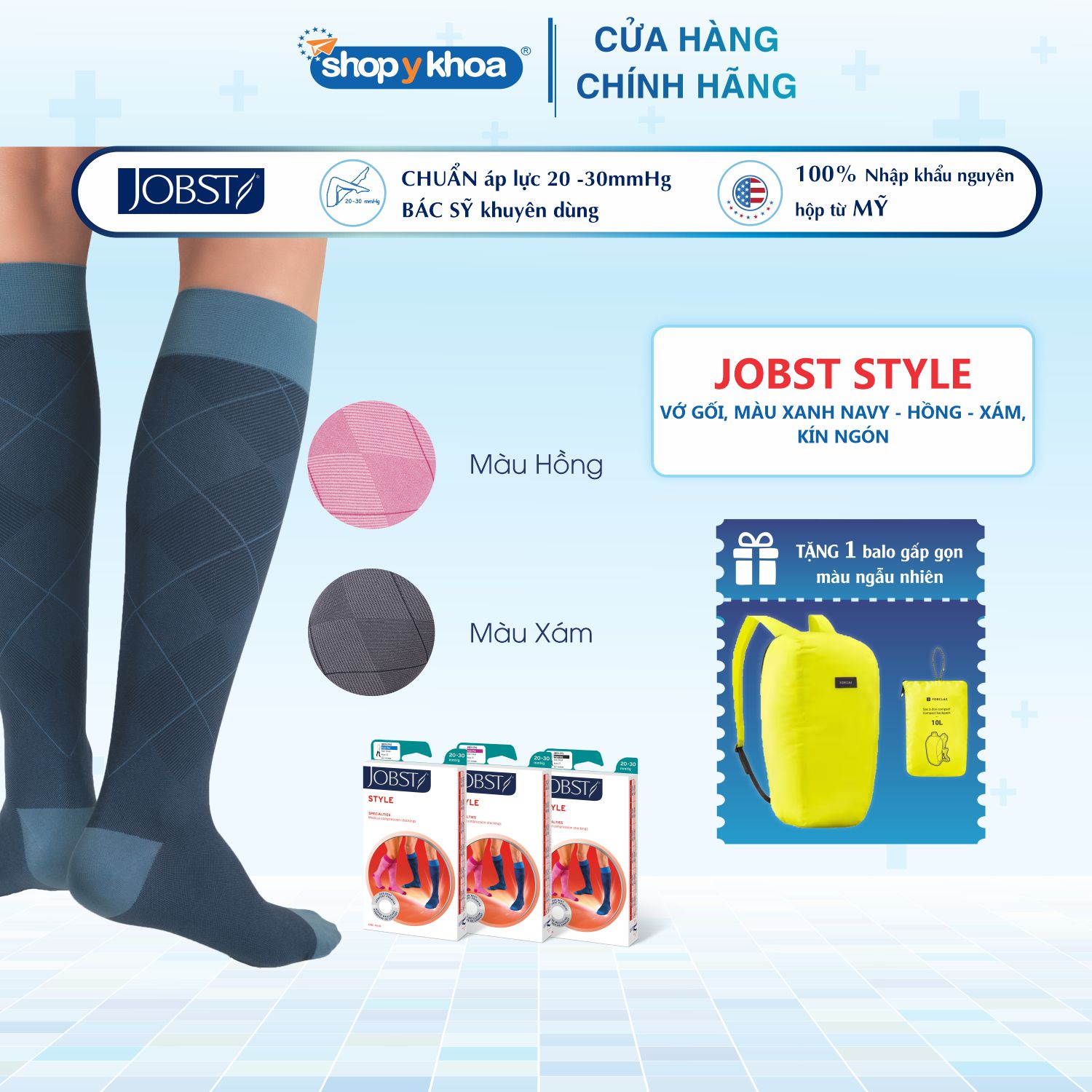 Vớ Y Khoa JOBST Style - Vớ gối, Màu Xanh Navy - Xám - Hồng, Kín Ngón, Áp Lực 20-30mmHg, 2 Chiếc (Tất Y Khoa)