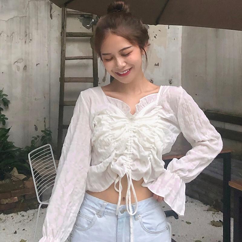 Áo Kiểu Tay Dài Màu Trơn Thiết Kế Cổ Chữ V Thời Trang Thanh Lịch