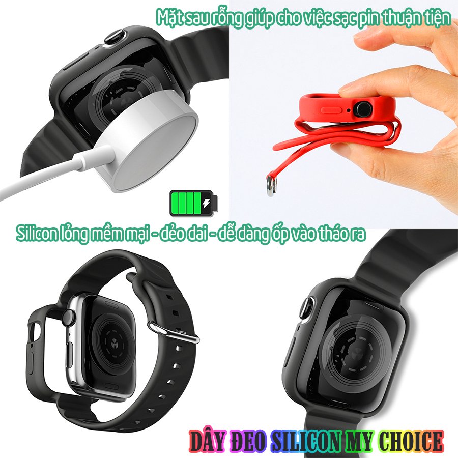 Dây Đeo liền ốp dành cho Apple Watch size 38/40/42/44mm silicon my choice - Đen (tặng dán KCL theo size)