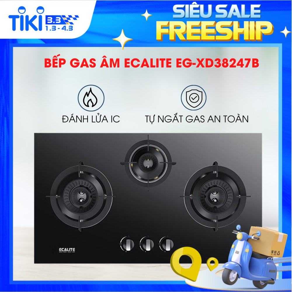 Bếp gas âm 3 vùng nấu Ecalite EG-XD38247B - Đánh lửa bằng IC - Hàng chính hãng