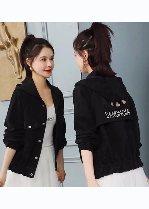 Áo Khoác Jean Nữ Thêu Chữ Nón Trùm Rộng, Tay Bo Thun Thời Trang