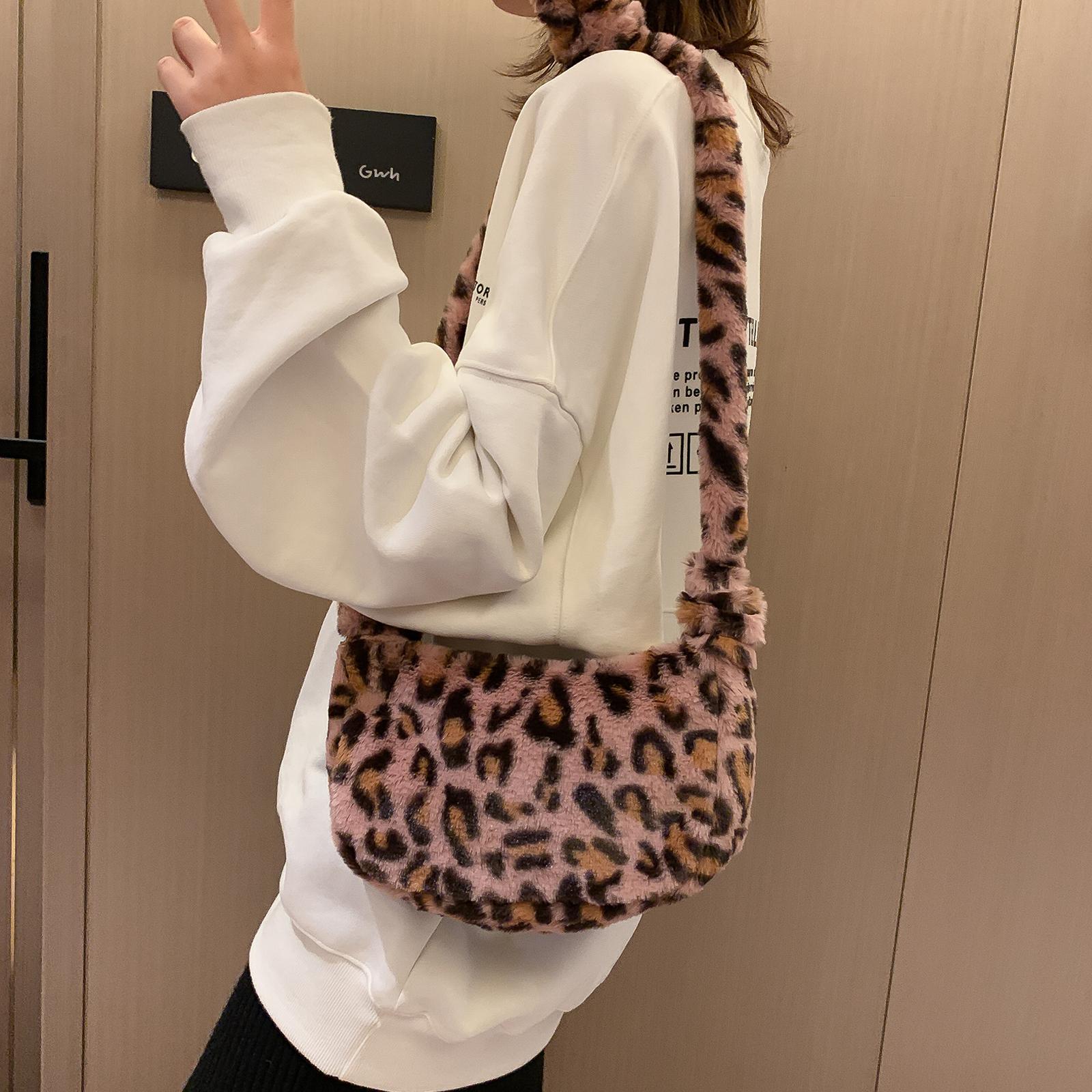 Women Faux Fur Tote Shoulder Bag Handbag Furry Leopard Print Top Handle Crossbody Shoulder Bag