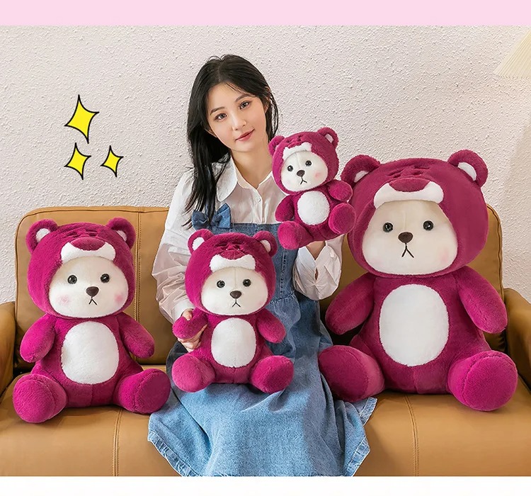 Thú nhồi bông lena đội mũ gấu dâu ngồi đáng yêu - Size từ 28cm đến 80cm - Quà tặng gấu bông lena dễ thương