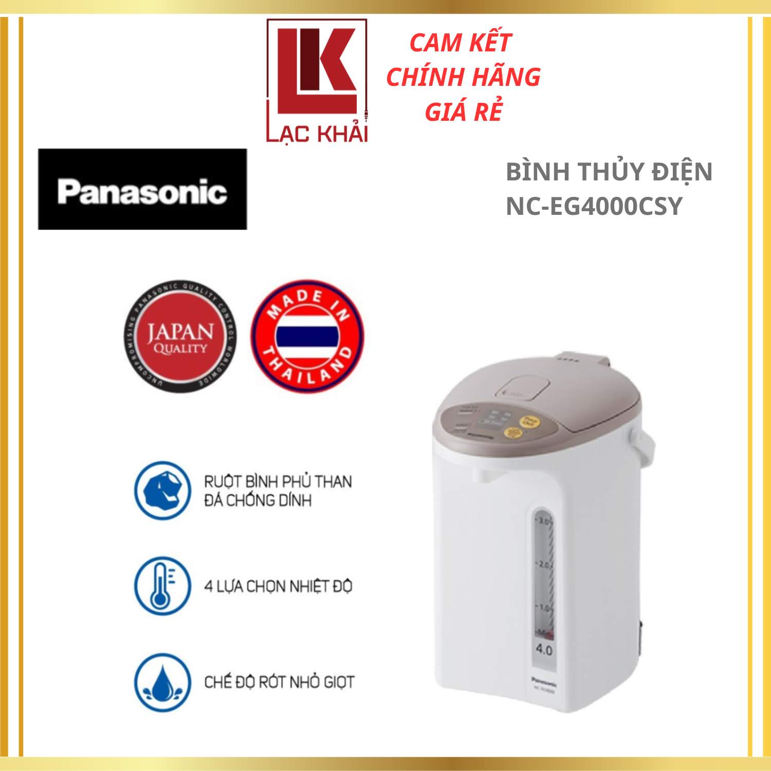 Bình Thủy Điện Panasonic NC-EG4000CSY 4 Lít - Xuất xứ Thái Lan - Dung tích 4L, Công suất 700W, Ruột bình phủ carbon hạt nổi, Chức năng hẹn giờ và tẩy cặn- Hàng Chính Hãng - Bảo Hành 12 Tháng