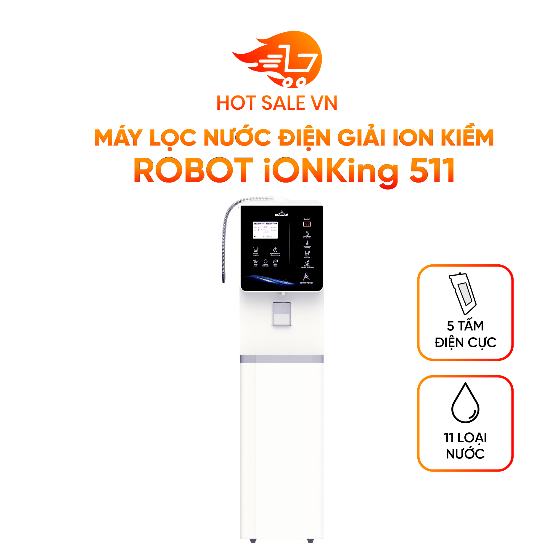 Máy Lọc Nước Điện Giải Ion Kiềm Robot IonKing Chức Năng Nóng Thông Minh - Lạnh Có Màn Hình RMC/LCD Có Thể Để Bàn Treo Tường - Hàng Chính Hãng