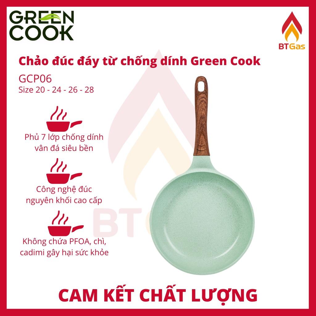 Chảo đúc đáy từ chống dính men đá ceramic xanh ngọc Green Cook GCP06 size 20-24-26-28 cm công nghệ Hàn Quốc