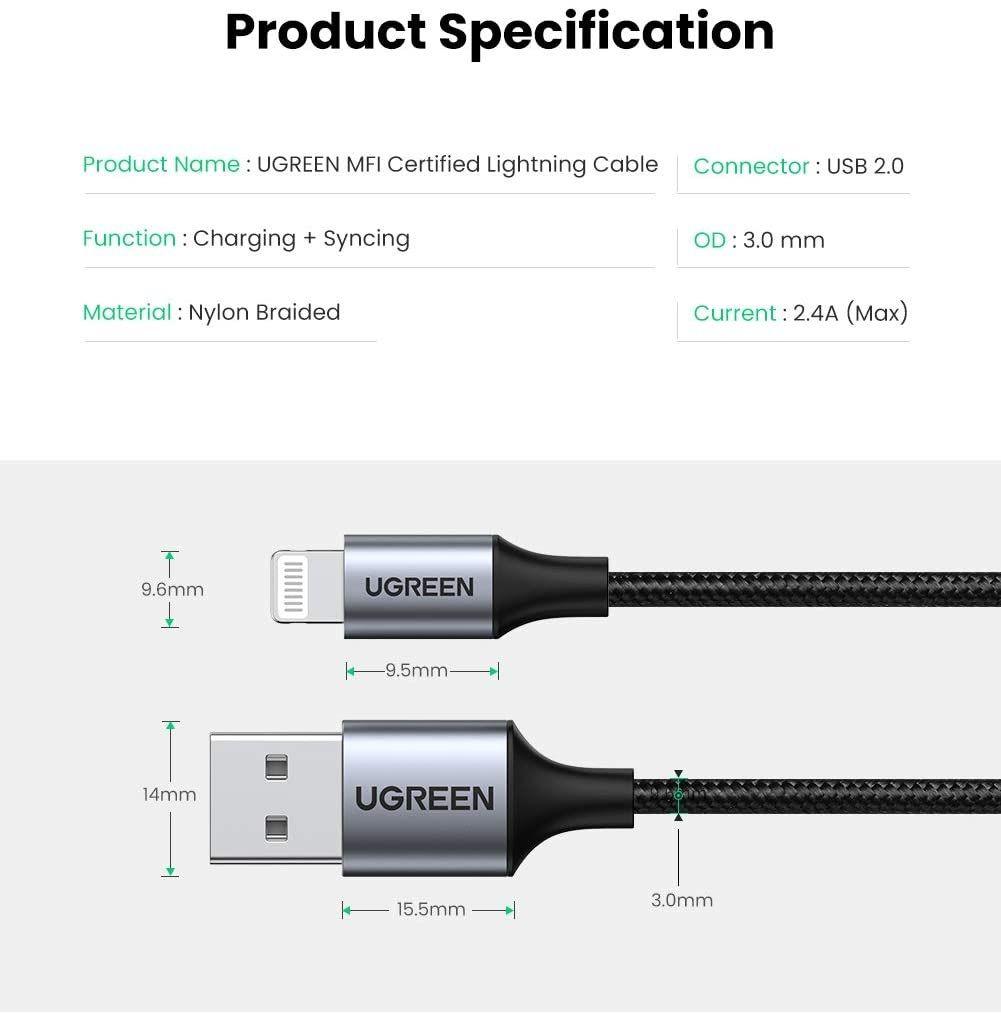 Ugreen UG60159US291TK 0.25m màu trắng cáp USB 2.0 A ra Lightning MFI đầu bọc nhôm mà nickel chống nhiễu 25cm - HÀNG CHÍNH HÃNG