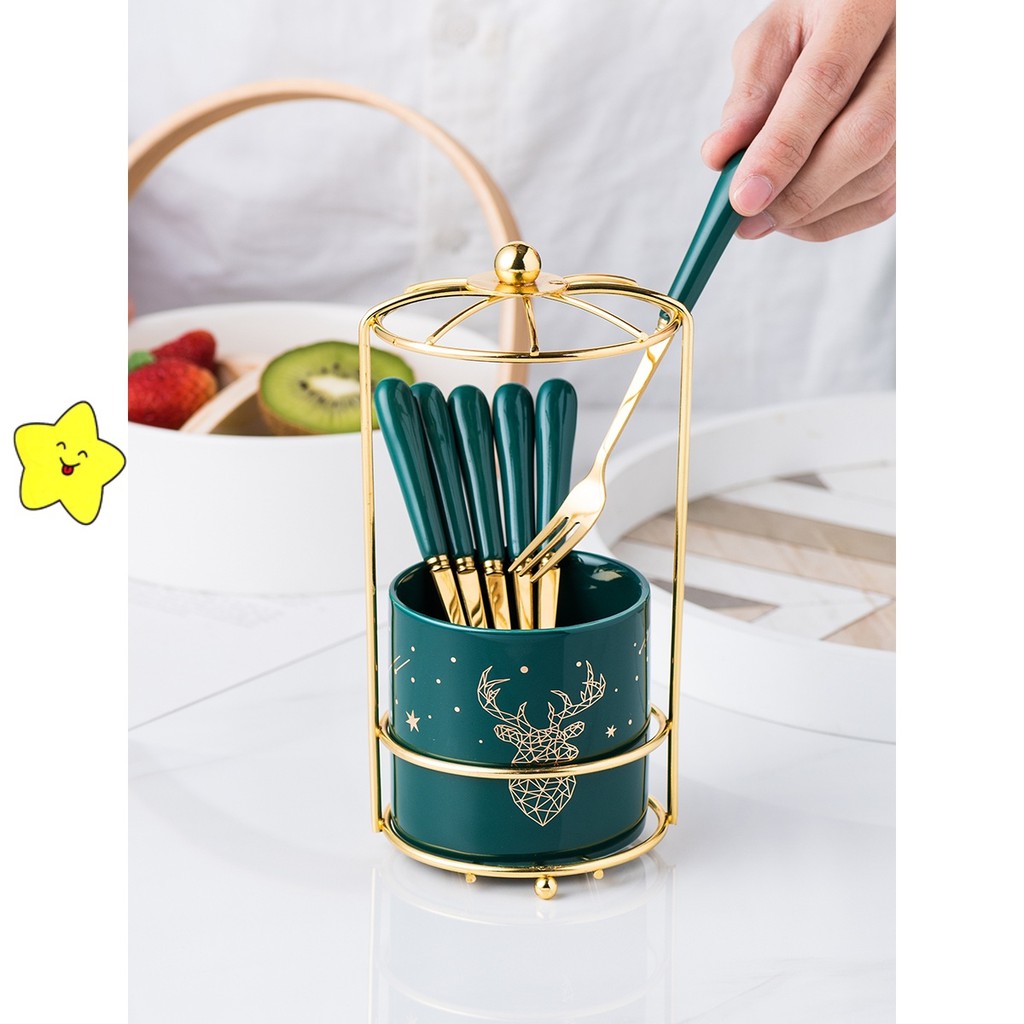 Ống cắm đũa thìa dĩa sứ xanh khung sắt mạ vàng kiểu lồng chim kèm thìa rĩa