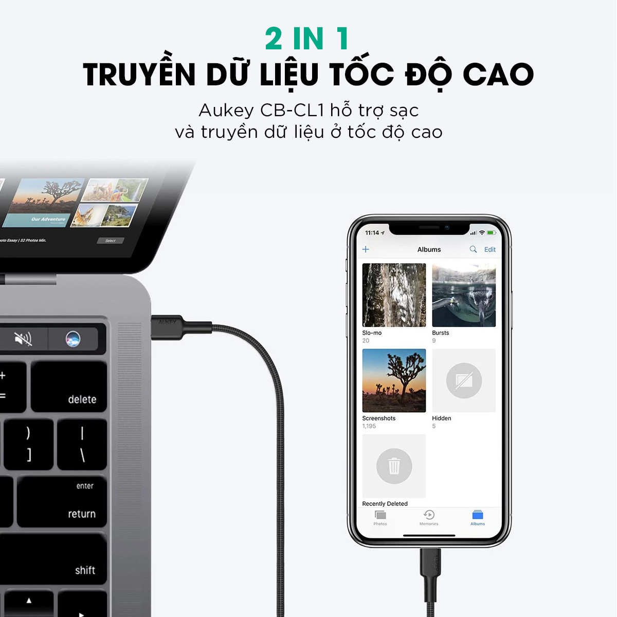 Cáp Sạc Type C Sang Lightning Aukey CB-CL1 Chuẩn MFi Apple Bện Lưới Nylon Siêu Bền Dài 1,2 Mét - Hàng Chính Hãng