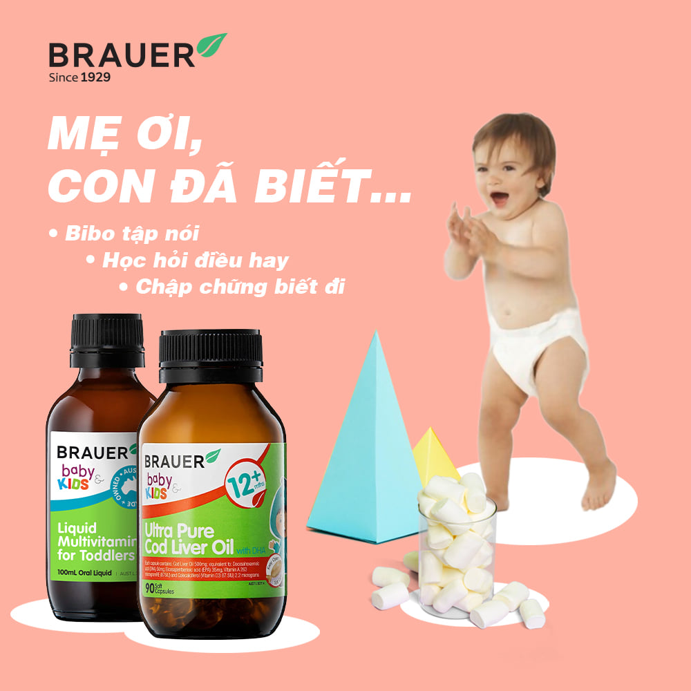 Viên mềm Dầu gan cá Tuyết tinh khiết và DHA Brauer Baby & Kids Ultra Pure Cod Liver Oil with DHA cho bé trên 1 tuổi - Nhập khẩu Australia