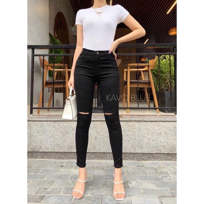 Quần jean nữ đen rách gối