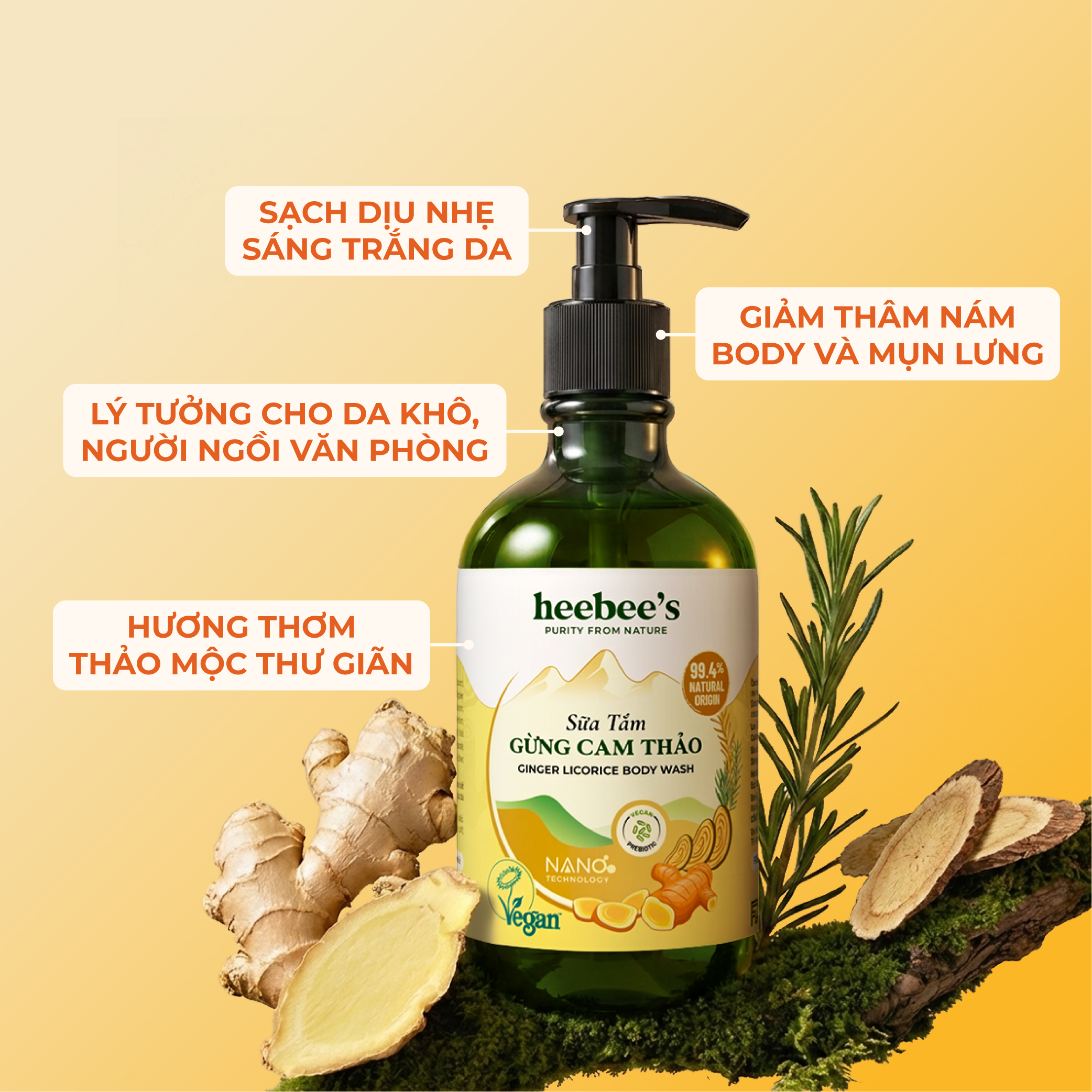 Sữa Tắm Gừng Cam Thảo Heebee's Không Sulfates, Silicone, Sạch Sâu, Dưỡng Sáng, Mềm Mịn Da, An Toàn, Lành Tính Cho Da Nhạy Cảm 300/500ml