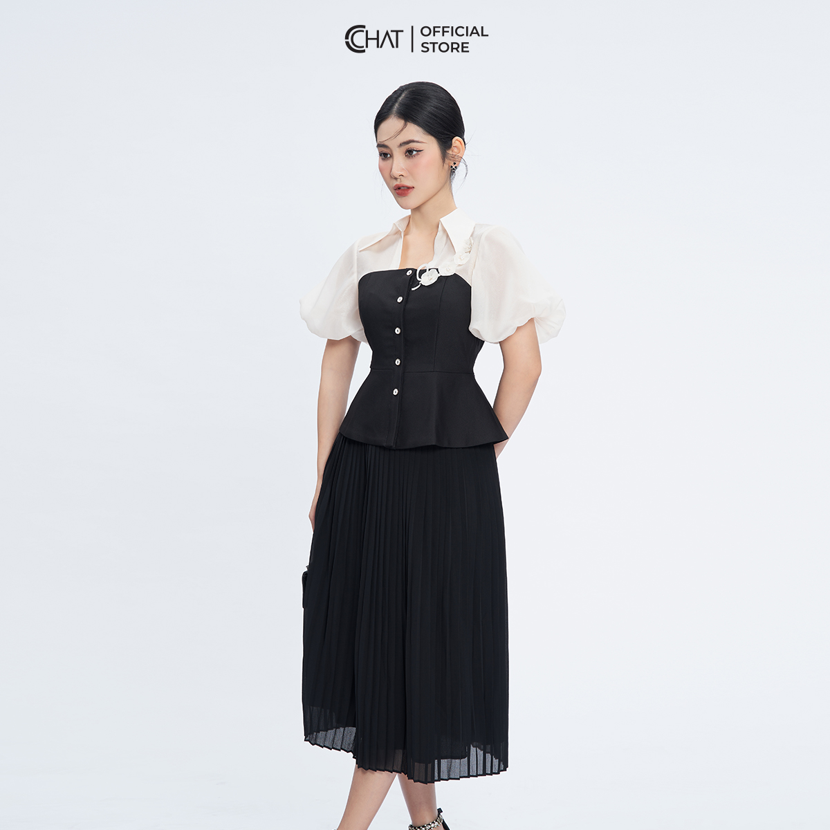 Áo Sơ Mi Nữ Cổ Kiểu Tay Bom Peplum Chất Liệu Tuytsi Cao Cấp 53FNS8003PT