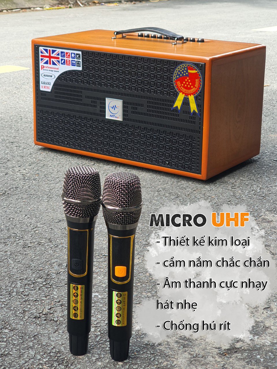 Loa bluetooth xách tay karaoke MTMAX B53 bass 20cm kèm 2 micro không dây có đủ reverb echo delay thiết kế vỏ gỗ sang hàng chính hãng