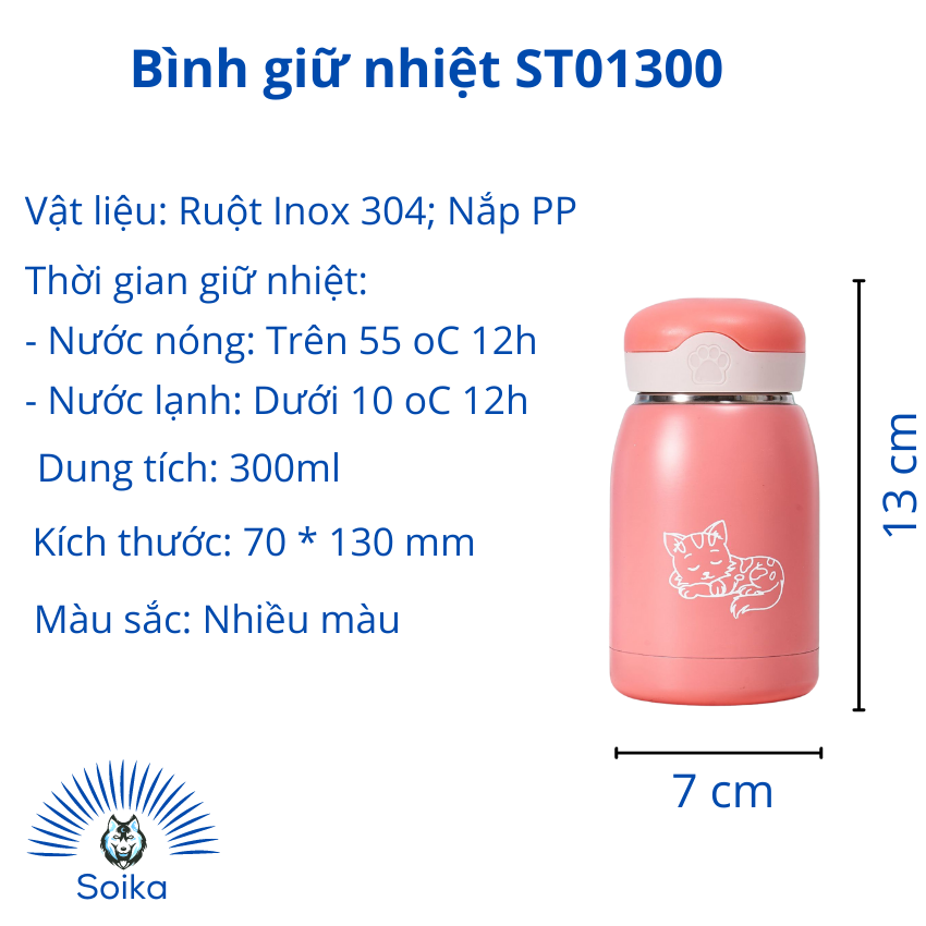 Bình Giữ Nhiệt Cute Cho Bé SOIKA ST01300 Inox 304 300ml Cách Nhiệt Chân Không Hình Con Mèo Nhiều Màu