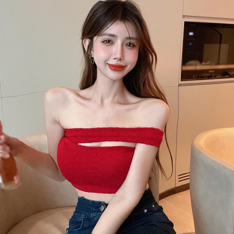 Áo Dệt Kim Không Tay Hở Vai Màu Sắc Đơn Giản Quyến Rũ Phong Cách Hàn Quốc Dành Cho Nữ
