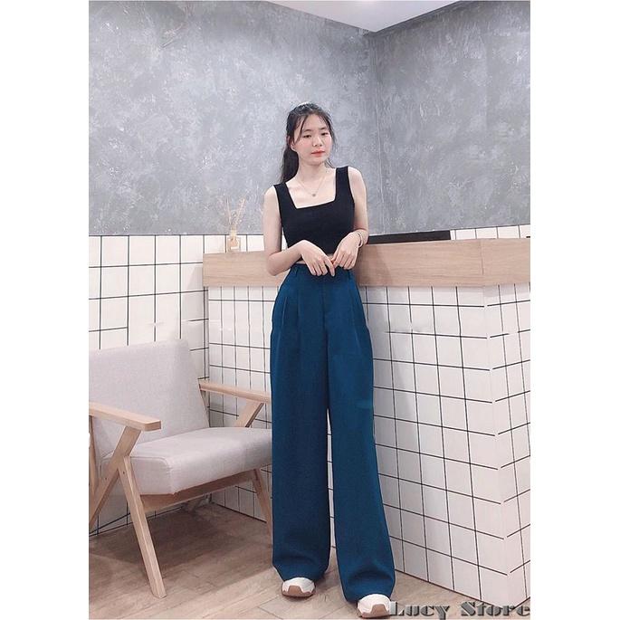 Quần Ống Rộng Quân Xuông Quần Cạp Cao Màu Xanh Coban