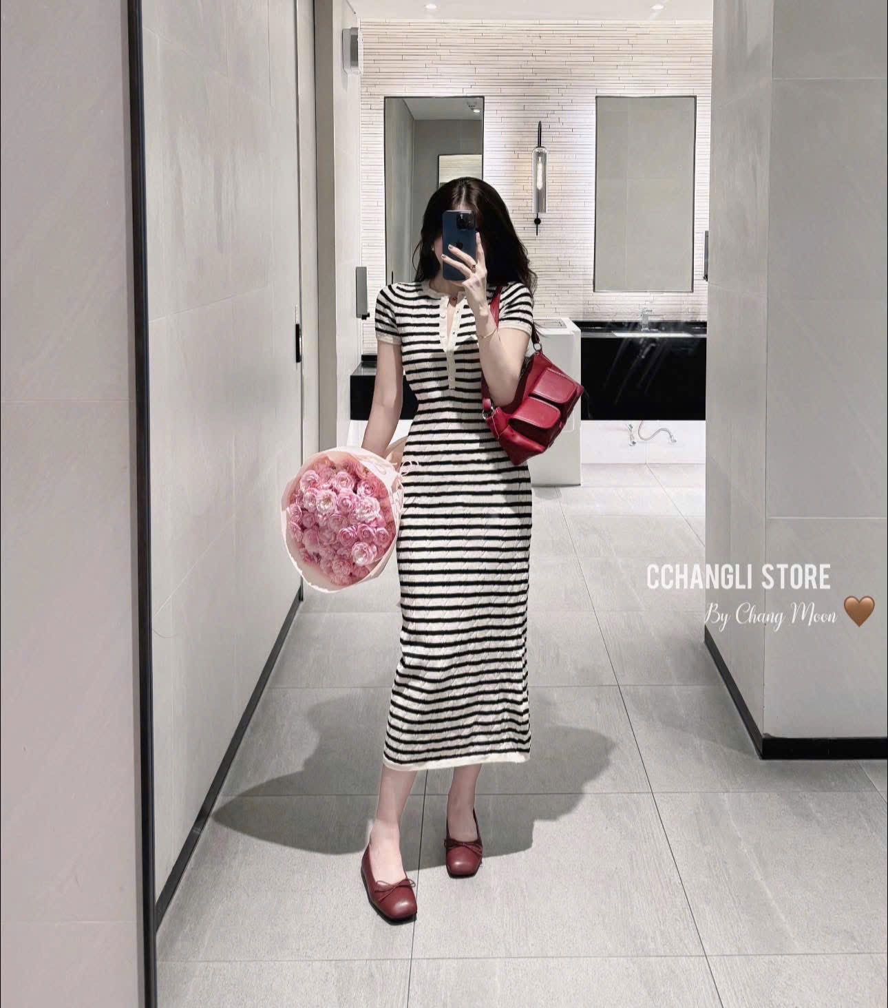 Váy Body Len Dài Kẻ Sọc Ôm Dáng Tôn Eo Sang Xinh