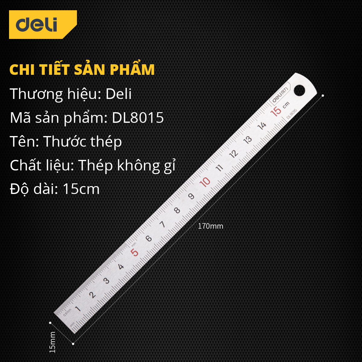 Thước Kẻ Thép Deli Cao Cấp - Kích Thước 15cm Nhỏ Gọn, Tiện Lợi - Chất Liệu Chống Mòn Gỉ - DL8015