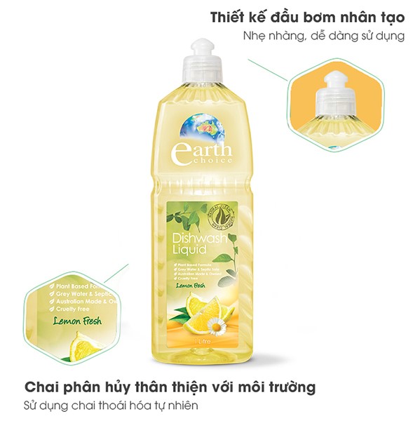 Nước Rửa Chén EARTH CHOICE An Toàn Với Cả Đồ Dùng Ăn Uống Của Bé, Không Khô Da Tay Chiết Xuất Chanh Dung Tích 1L