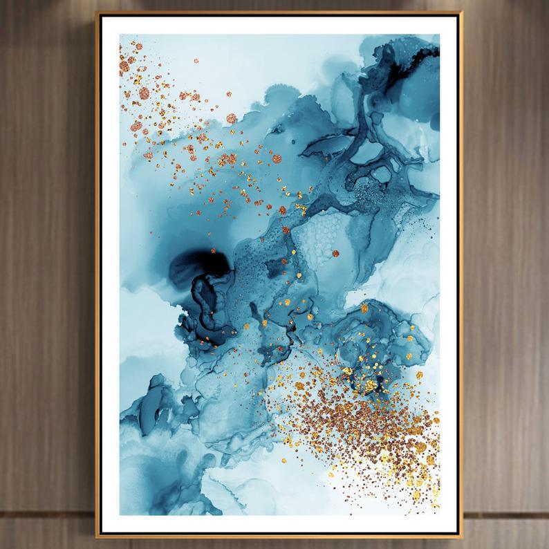 Tranh Canvas Cao Cấp | Tranh trừu tượng Abstract splash watercolor teal-blue with gold foil background