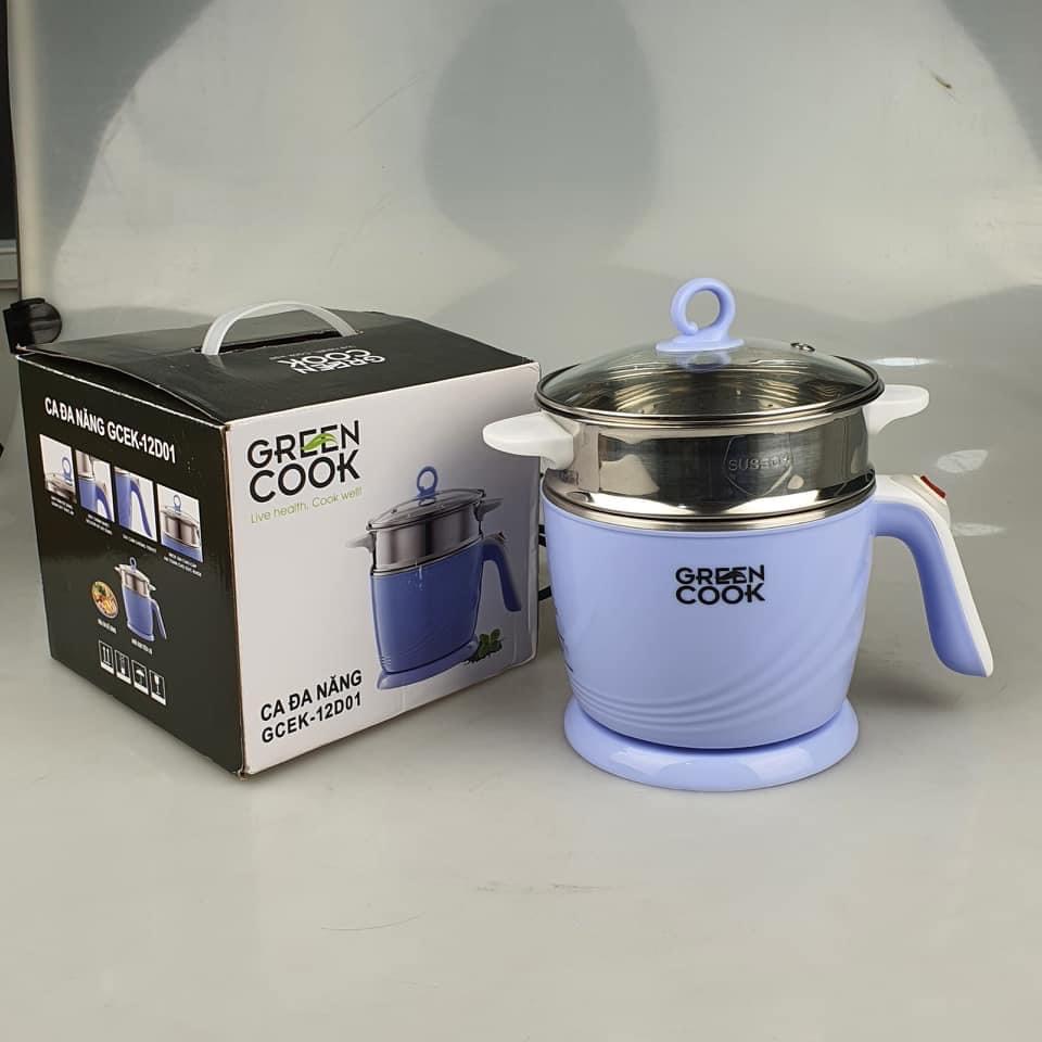 Ca nấu lẩu, nấu mì đa năng mini có tầng hấp Greencook 600W, dung tích 1.2L-Hàng chính hãng