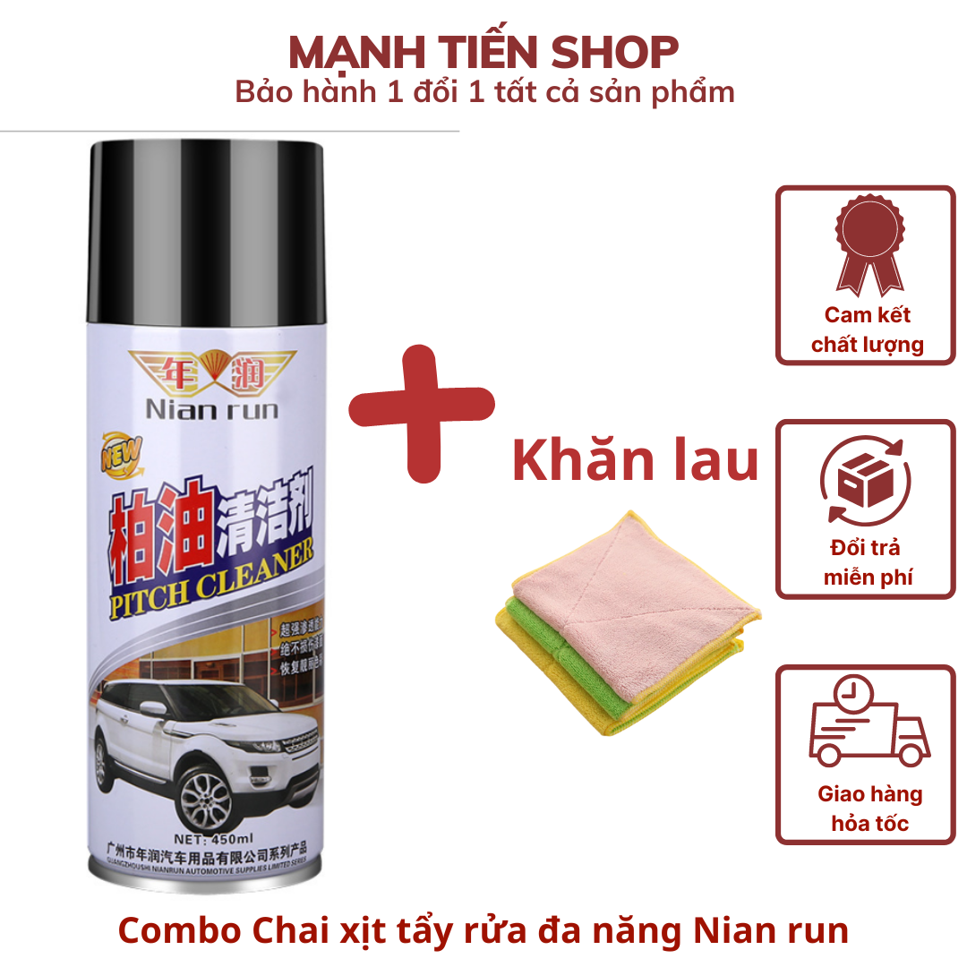 Combo Chai xịt tẩy rửa đa năng Nian run kèm khăn lau dành cho xe ô tô, xe máy dung tích 450ml