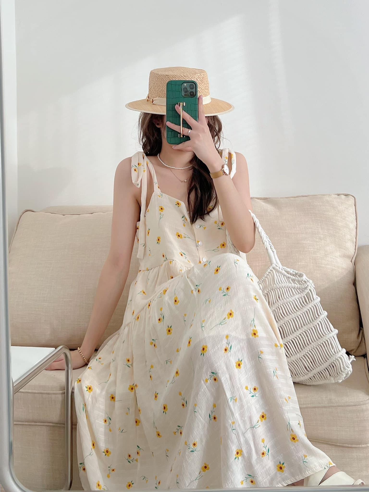 Đầm 2 dây vai nơ babydoll hoa nhí ulzzang tiểu thư