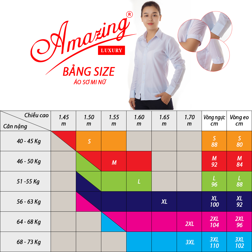Áo sơ mi nữ tay lỡ màu trắng hiệu Amazing,không túi, có 4 ben eo, vải KT silk thấm hút mồ hôi, size từ 40-80kg