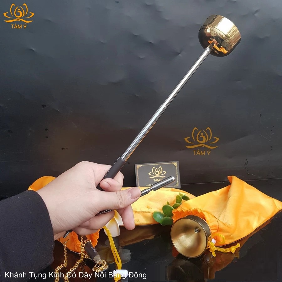 Khánh Tụng Kinh Bằng Đồng, Khánh Dây Mạ Bóng ,Sang Trọng, Có Túi Đựng - Mật Tông Tâm Ý