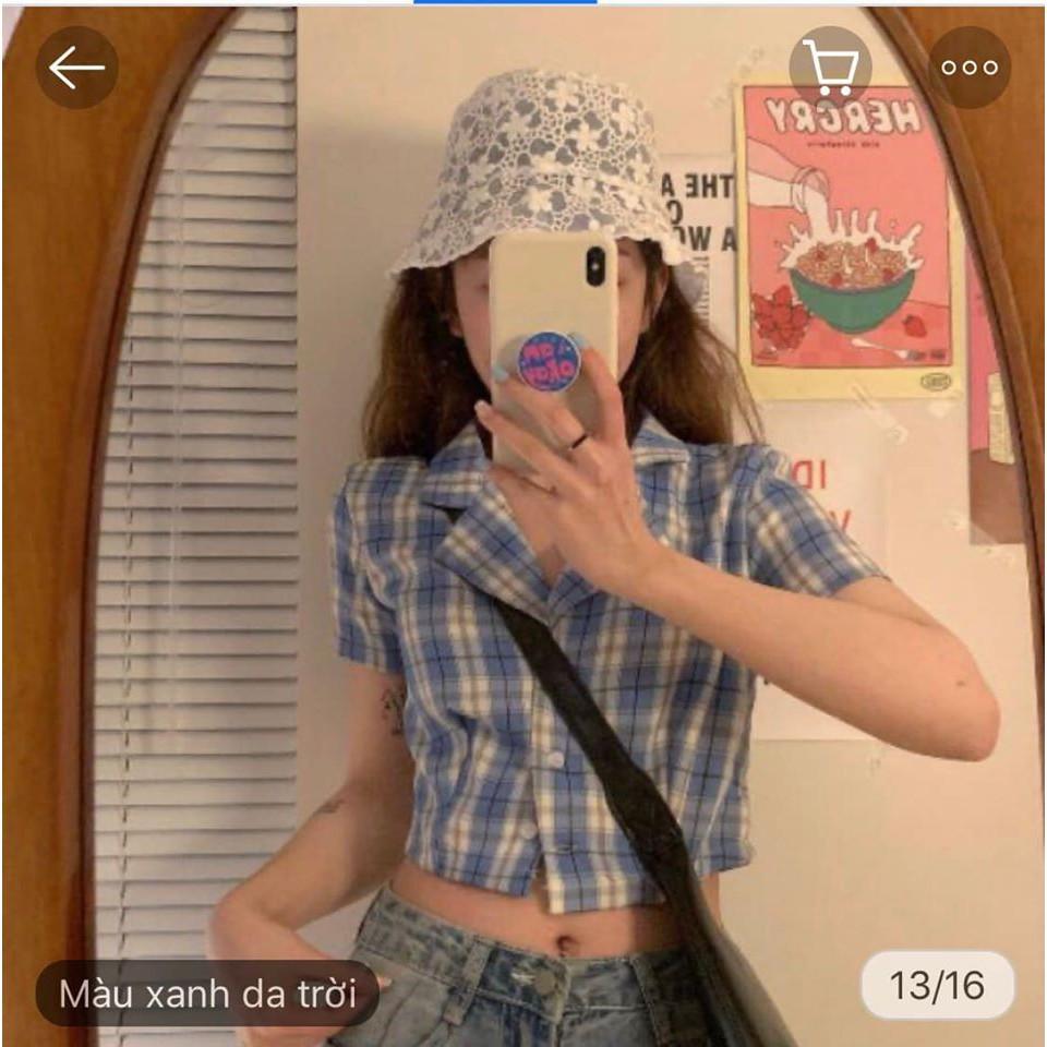 (ảnh thật) áo croptop kẻ caro phong cách hàn quốc