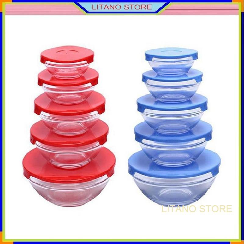Bộ 5 Tô Bát Thủy Tinh Có Nắp Đậy Đựng Và Bảo Quản Thực Phẩm Rất Sạch sẽ và an Toàn