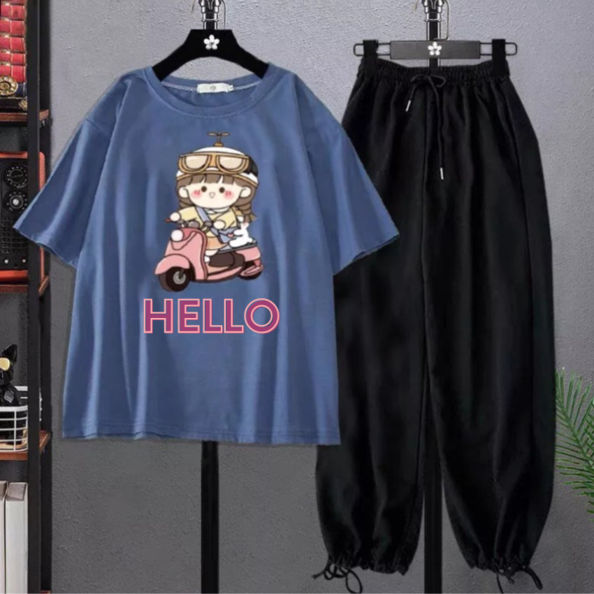 Sét Bộ Nữ Mặc Đi Chơi, SS05 Sét Đồ Nữ Đi Chơi Đẹp In Hình Cô Gái Lái Xe Dễ Thương, Sét Áo Vải Cotton, Và Quần Cá Tính
