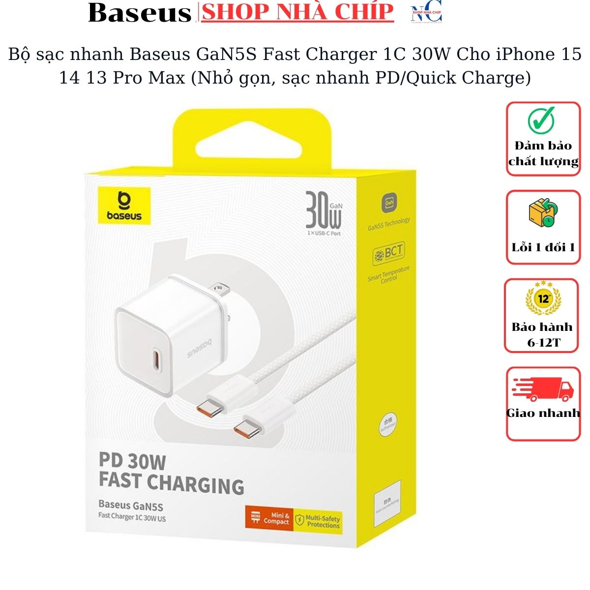 Bộ sạc nhanh Baseus GaN5S Fast Charger 1C 30W Cho iPhone 15 14 13 Pro Max (Nhỏ gọn, sạc nhanh PD/Quick Charge)- Hàng nhập khẩu