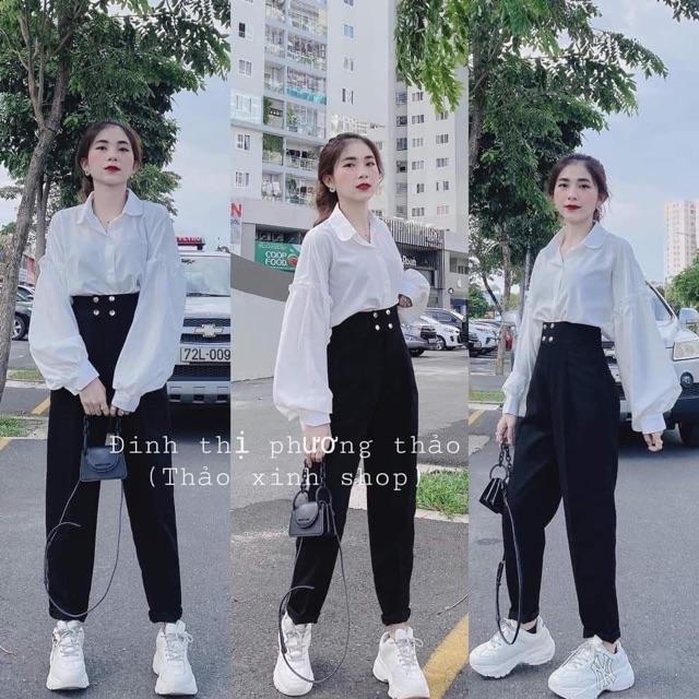 Quần baggy , quần tây lưng siêu cao phối nút vàng cực hot