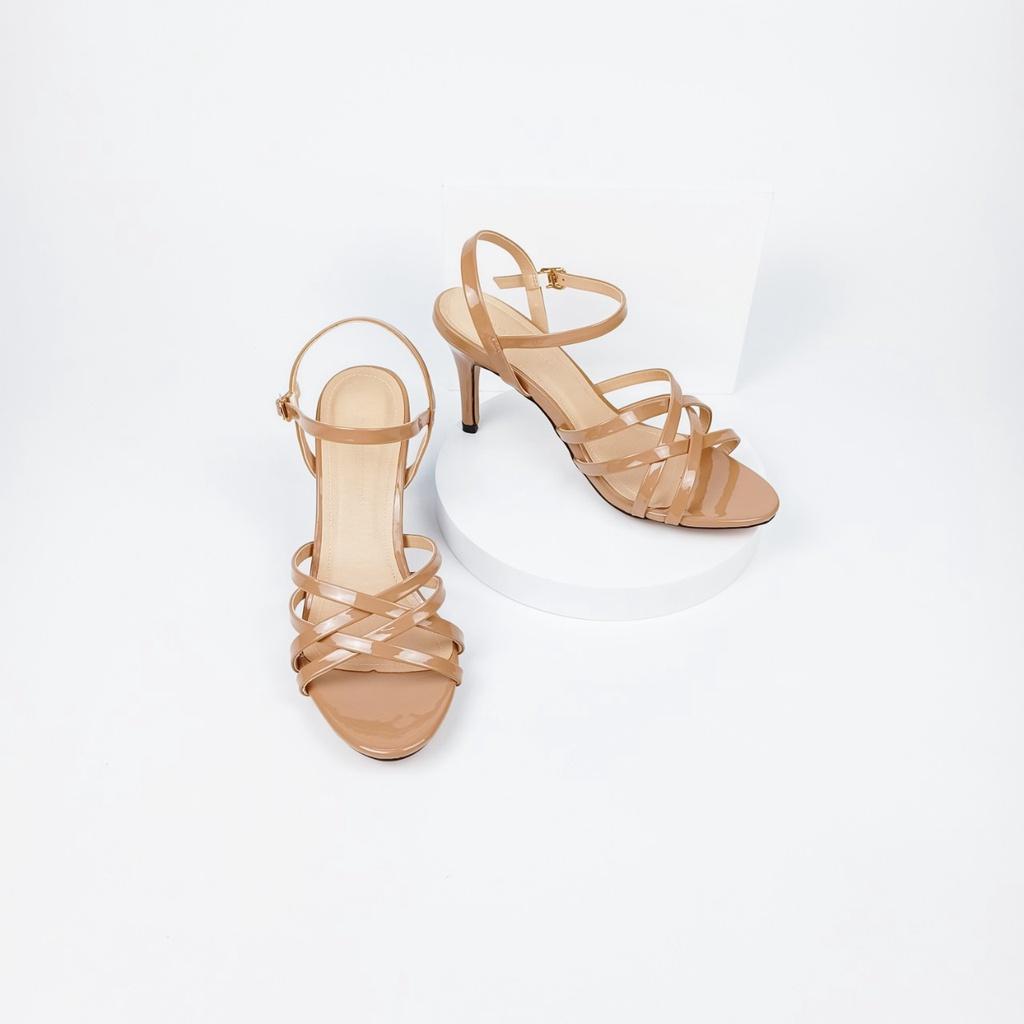 Giày sandal cao gót đan dây quai mảnh gót nhọn 7p da bóng HADU G729