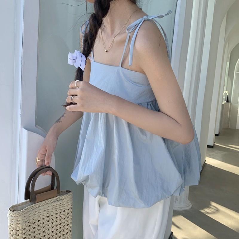 Áo hai dây thắt nơ dáng babydoll phồng mẫu summer 2021