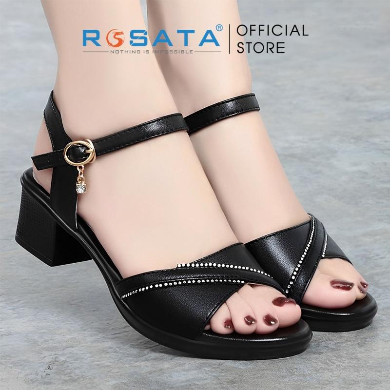 Giày sandal cao gót nữ ROSATA RO577 mũi tròn quai cài dây mảnh gót vuông cao 5cm xuất xứ Việt Nam - Đen